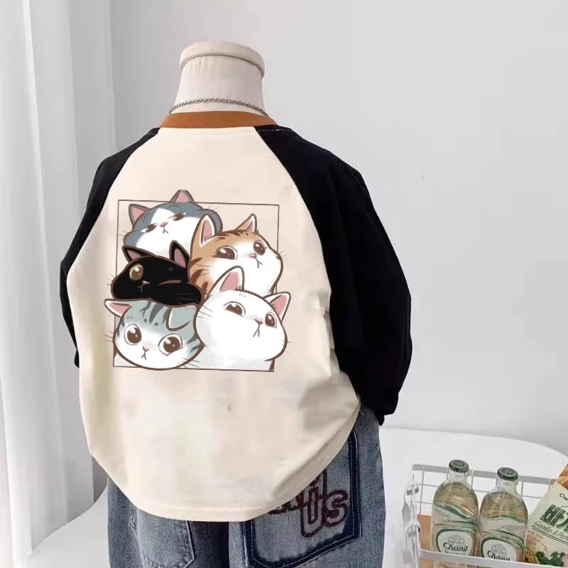 2025新款春秋男童T恤卡通印花插肩袖百搭上衣长袖儿童休闲打底衫