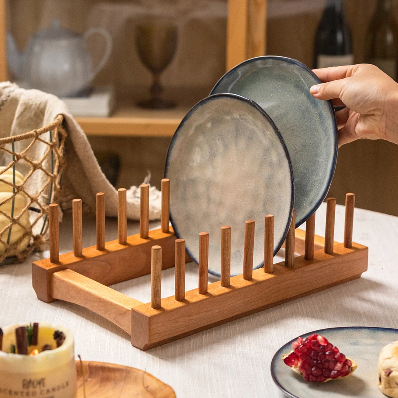 掬涵北欧红樱桃实木陶瓷盘子收纳支架水杯沥水碗架厨房餐厅置物架
