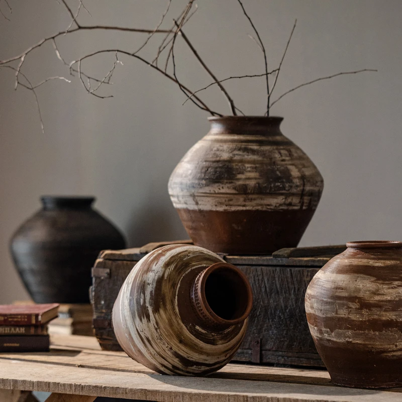 掬涵复古新中式陶罐侘寂风家居玄关摆件客厅台面插花装饰品花瓶