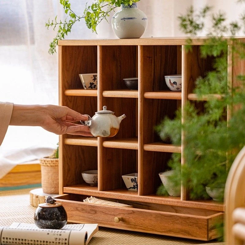 【七呀】樱桃木茶具实木杯架日式茶架格子多宝格阁展示柜桌面收纳