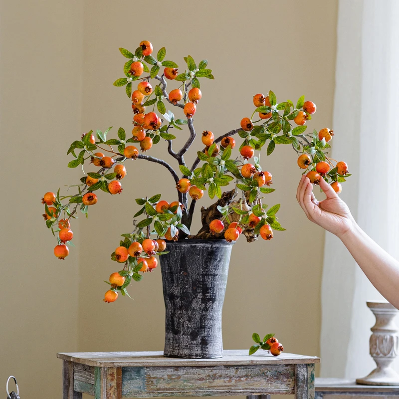 掬涵仿真石榴花艺摆件复古客厅插花装饰高枝果实拍摄造型场景道具