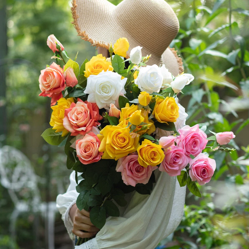 掬涵高档保湿手感胶超仿真玫瑰花客厅装饰花黄粉永生花干花插单支