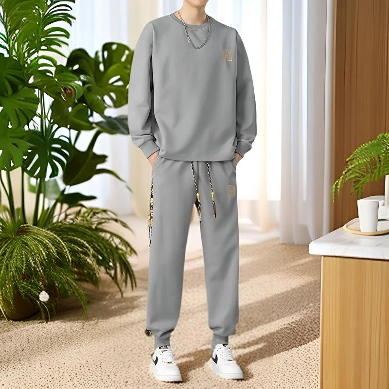 刺绣国风百搭套装宽松时尚大码复古潮牌休闲运动潮流长裤套装韩版