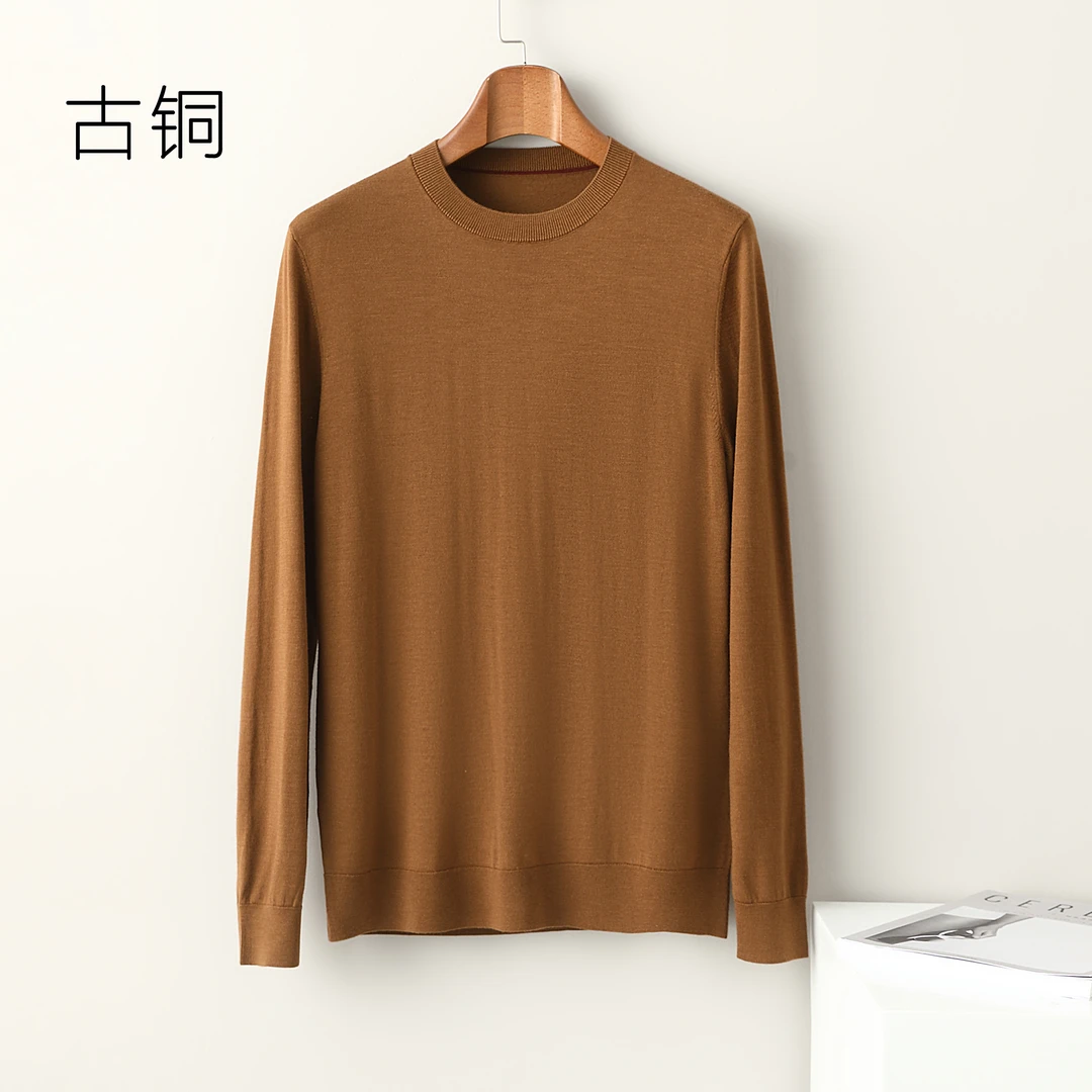新澳认证极细美丽诺纯羊毛春秋季薄款男士圆领长袖打底衫男120