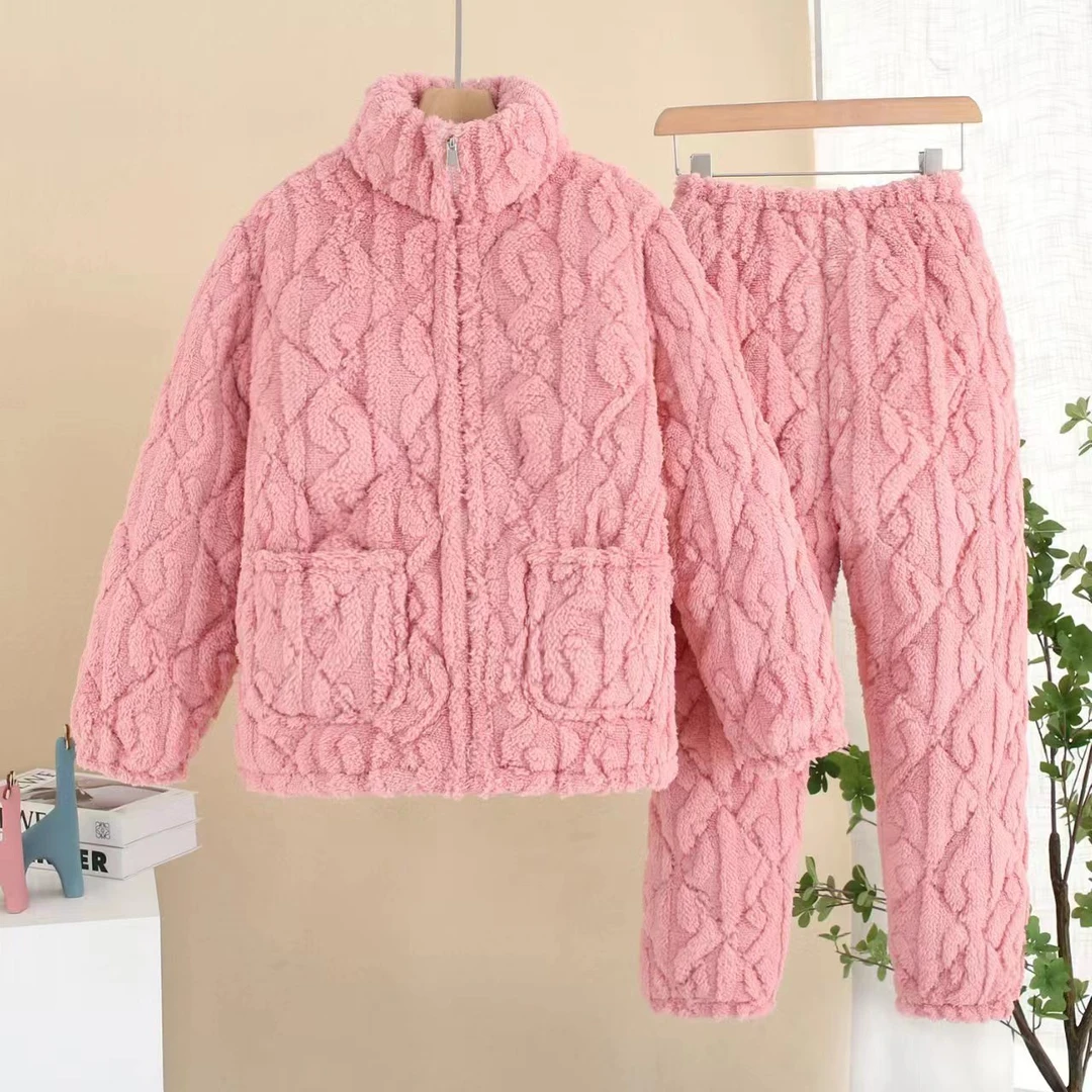 时尚冬季睡衣女三层夹棉加绒加厚时尚保暖修身可外穿家居服套装