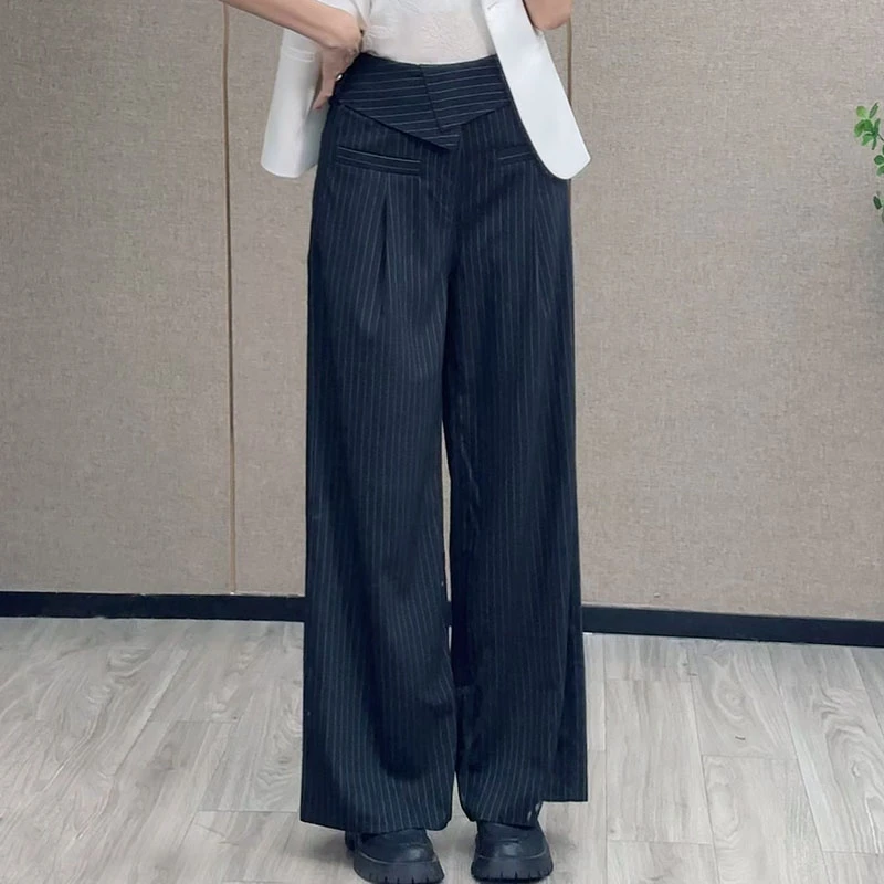 小众设计感阔腿裤 2024秋季新款条纹直筒裤女