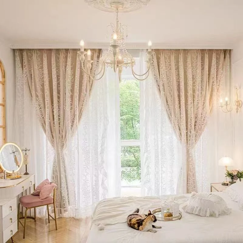 （爱丽丝洛可可）法式田园双层蕾丝花边窗帘客厅卧室飘窗布纱一体