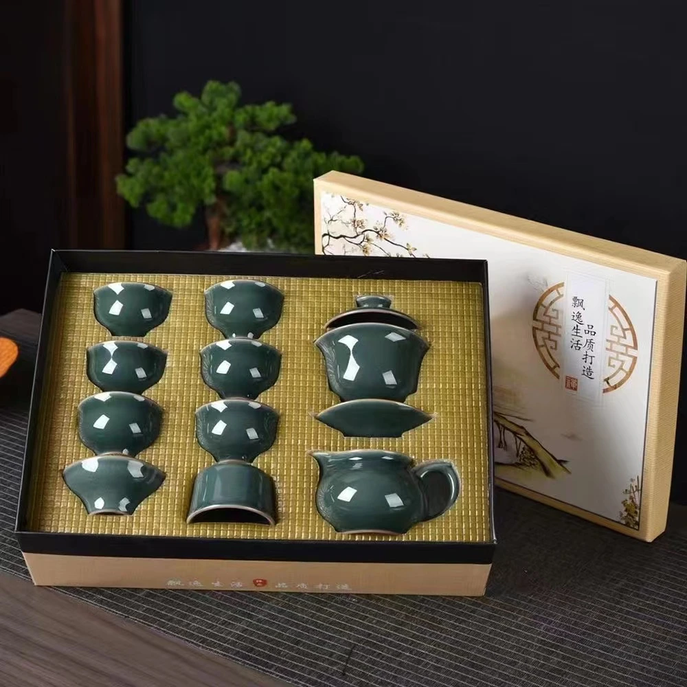 A 58深绿色哥窑开片可养家用陶瓷简约中式礼盒装精美瓷盖碗整套