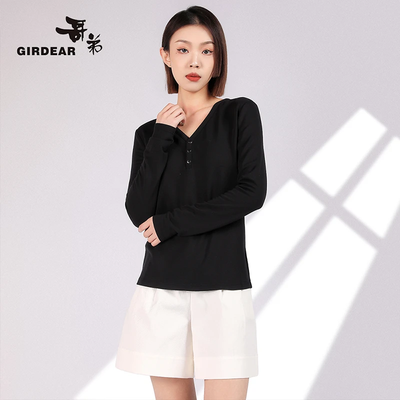 GIRDEAR/哥弟【深呼吸系列】显瘦时尚黑色亨利领长袖T恤女1300948