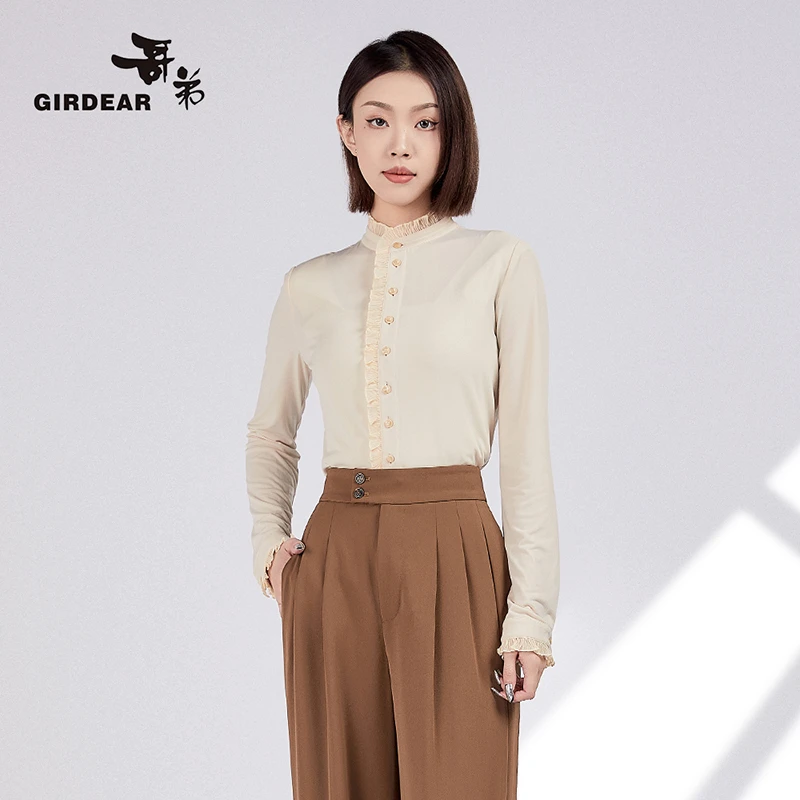 哥弟白色法式木耳边超弹丝滑立领气质衬衫打底修身长袖1300936