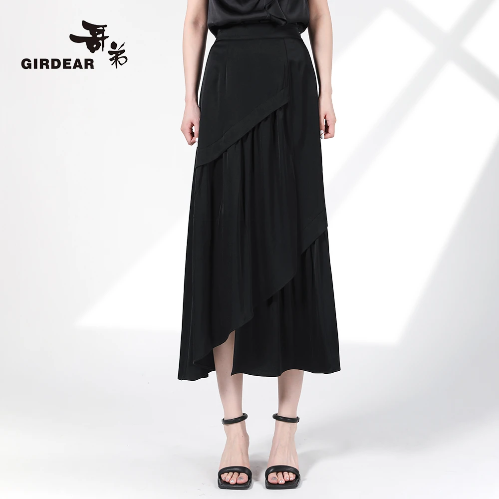 哥弟 浪漫气质纯色半身裙时尚百搭高腰不规则印花中长裙女1200318