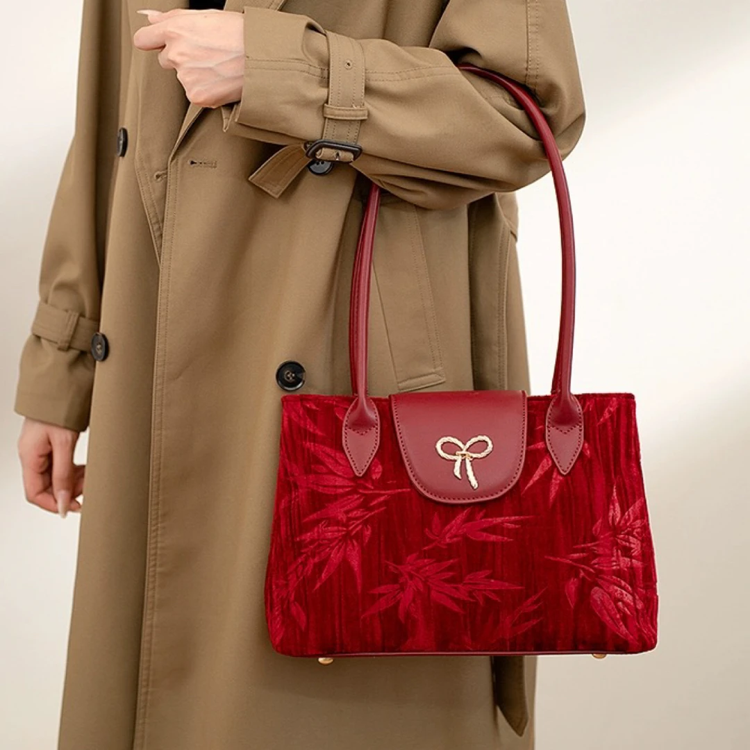 简芙迪包包新中式竹叶红色婚包女高级感国风小众腋下包新娘结婚包