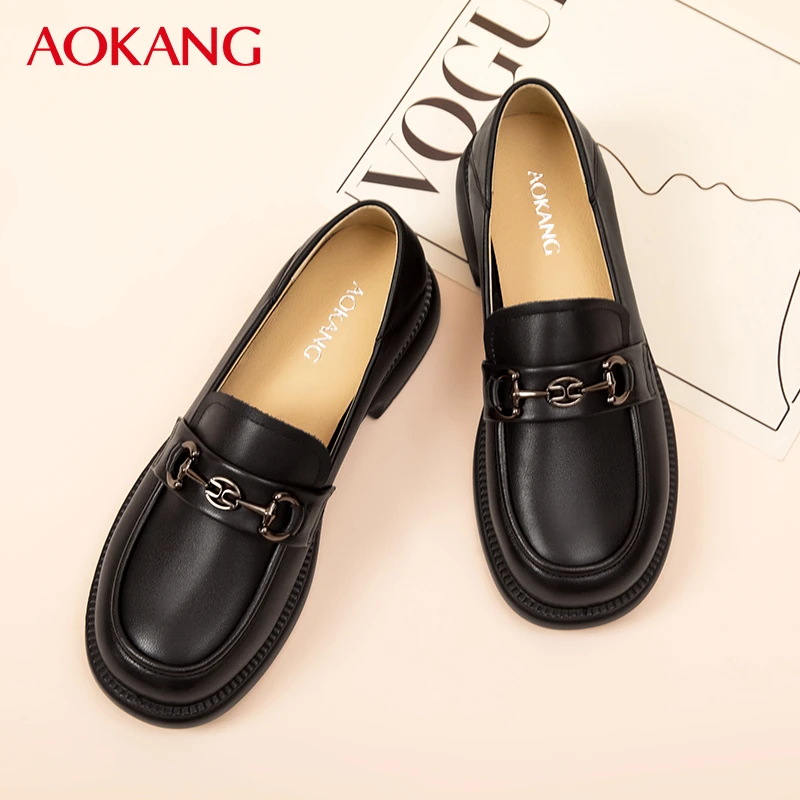 Aokang/奥康女鞋厚底圆头乐福鞋春秋新款舒适时尚真皮软底妈妈鞋