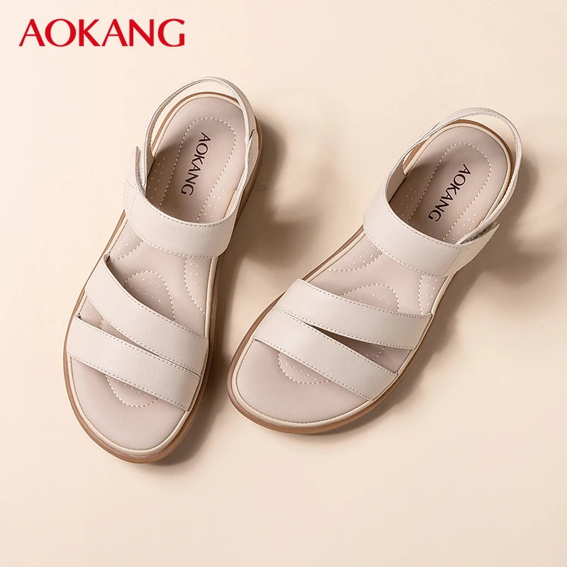 Aokang/奥康夏季新款妈妈凉鞋软底舒适女鞋中老年防滑真皮凉鞋女