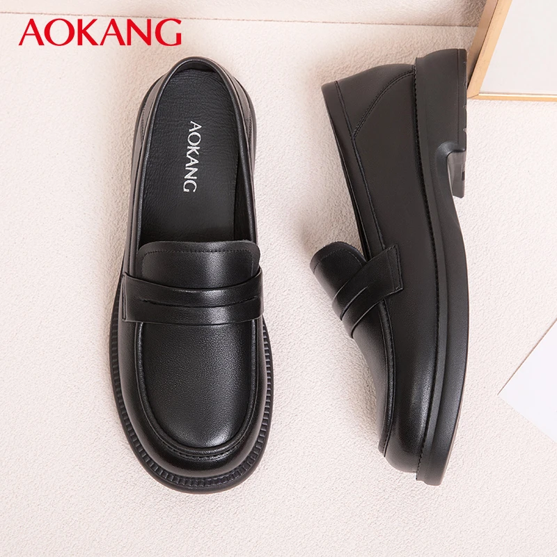 Aokang/奥康女鞋软底乐福妈妈鞋春秋季英伦风小皮鞋女士套脚单鞋