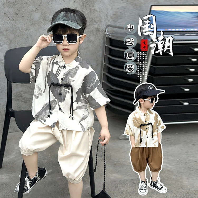 男宝宝夏装短袖套装2025新款男童夏季国风古风汉服酷帅炸街衣服潮