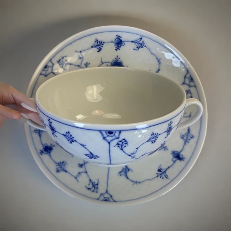 哥本哈根蓝白双耳杯碟蓝色复古碟子柴窑缠枝复古咖啡杯陶瓷咖啡杯