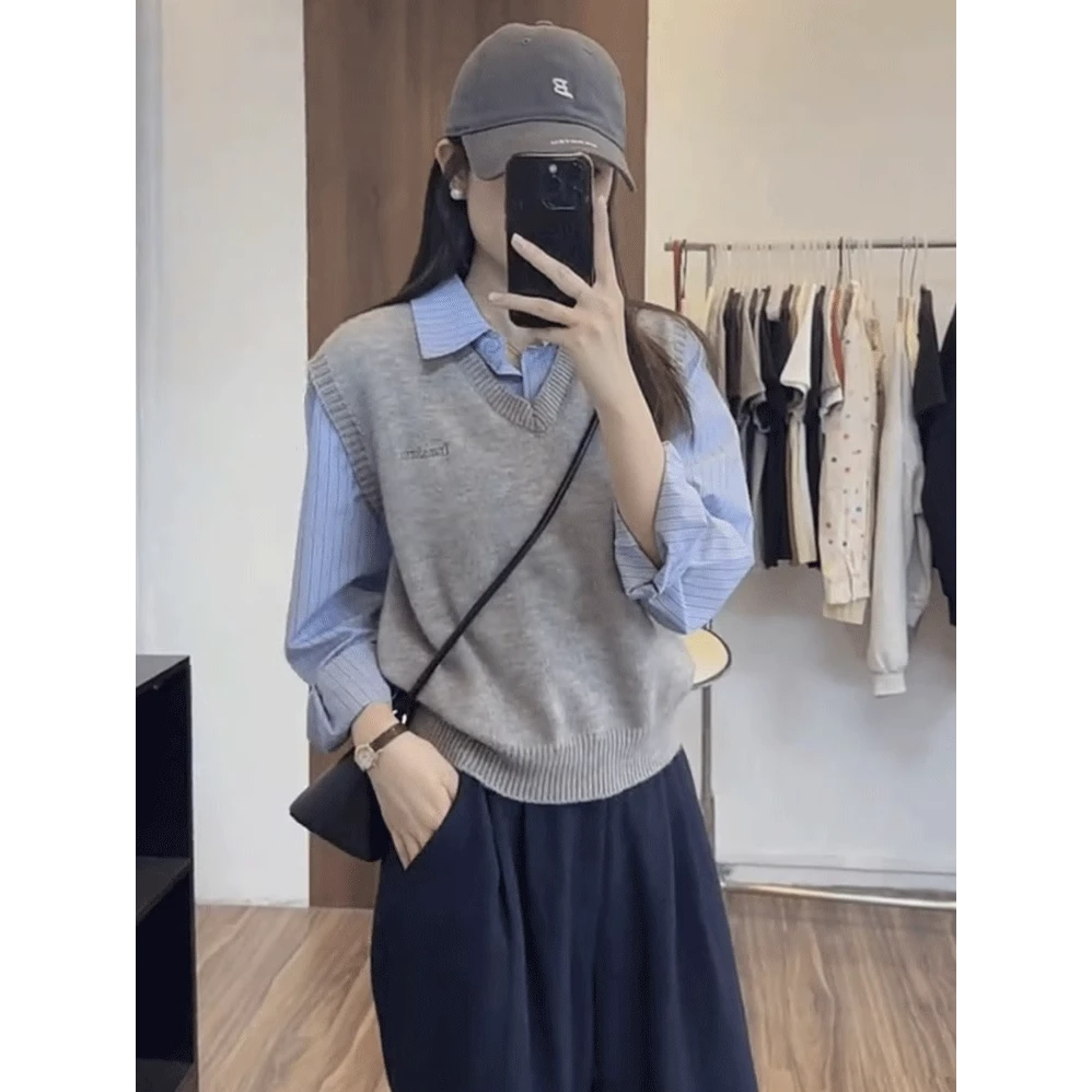 假两件条纹拼接针织长袖衬衫女秋季新款休闲百搭学院风叠穿上衣潮