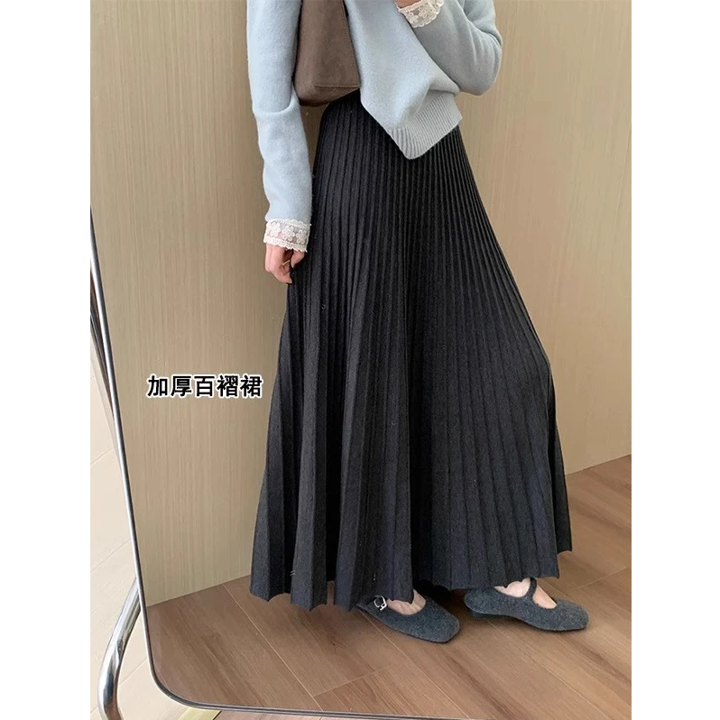 深灰色毛呢百褶半身裙女春秋季高腰垂感淑女风加厚A字大摆伞裙子