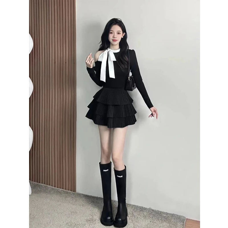 法式富家千金名媛套装裙女春季纯欲甜辣风露肩上衣蛋糕短裙两件套