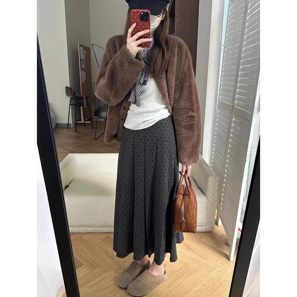 深灰色波点百褶半身裙女春季2025新款a字伞裙小个子毛呢半身长裙