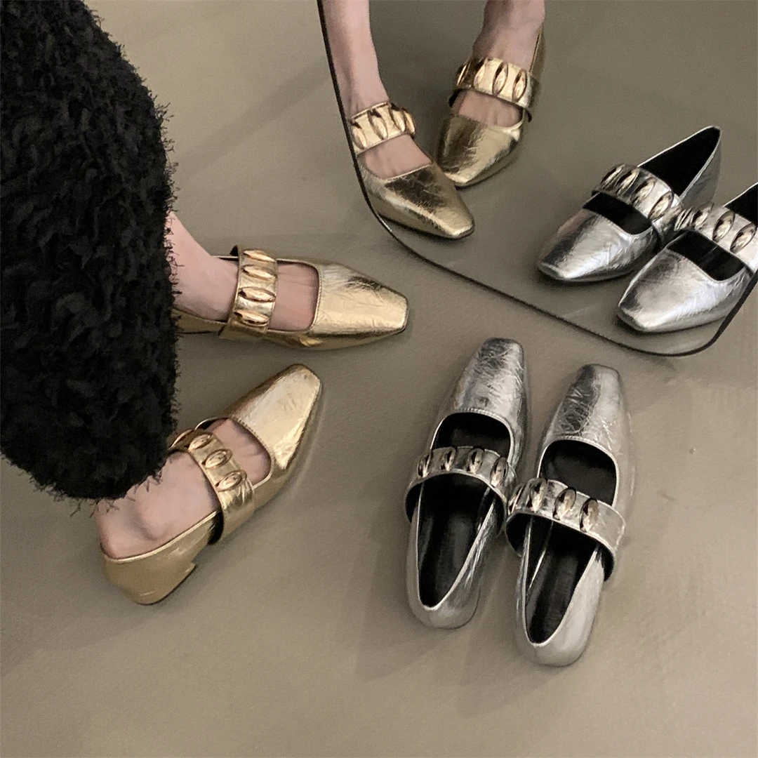 粗跟银色玛丽珍鞋浅口一脚蹬法式单鞋G2151