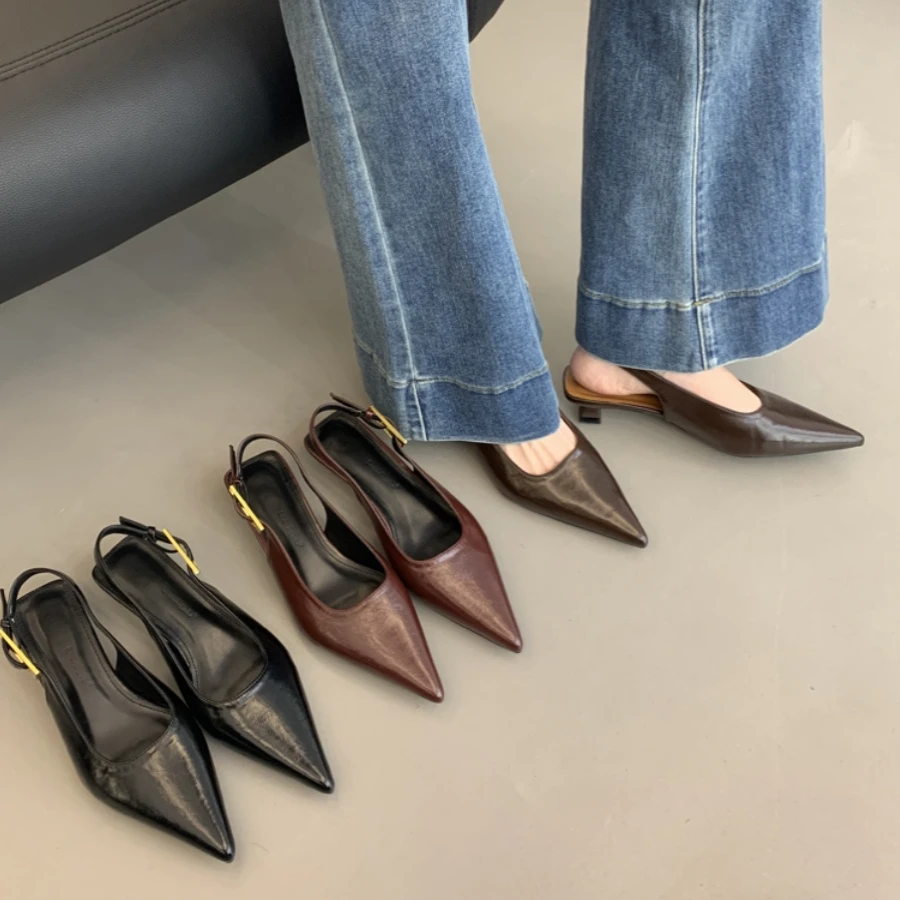 设计小众尖头单鞋复古简约浅口细跟后空凉鞋G999