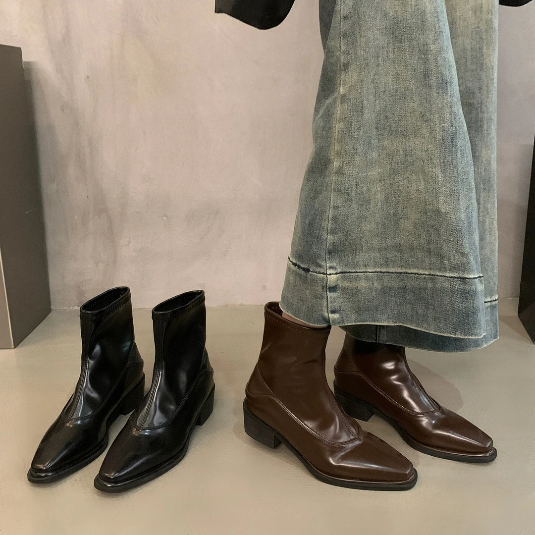 【真皮材质】粗跟尖头黑色短靴女鞋棕色瘦瘦靴韩系小踝靴子G572