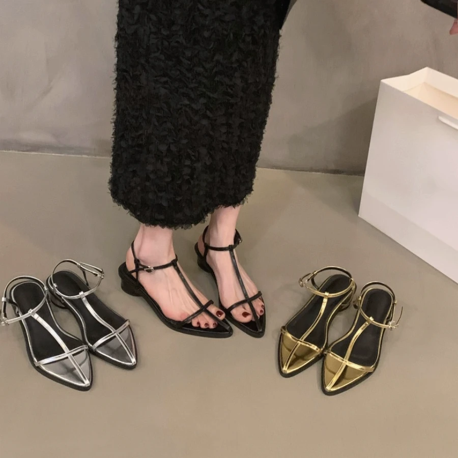 银色尖头罗马女鞋凉鞋露趾包头细带粗跟凉鞋G1172