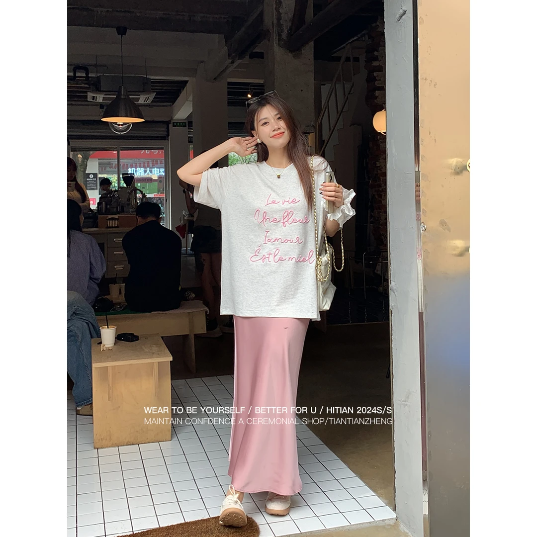 Hitian恬恬郑 印花英文T恤女宽松韩版圆领套头夏季百搭CE1822