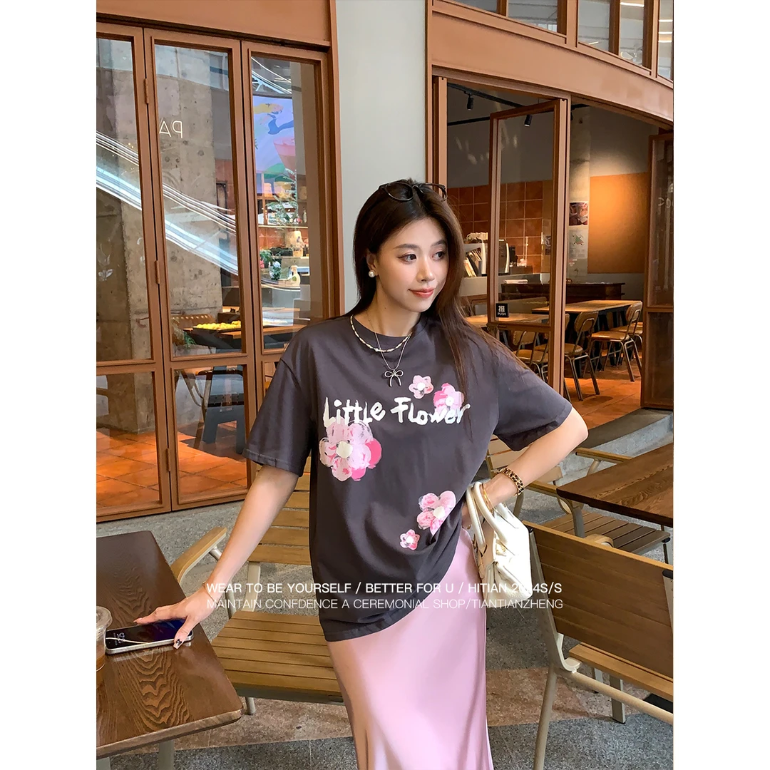 【闭店青苍】恬恬郑 印花T恤女时尚圆领百搭夏季显瘦上衣CE1809