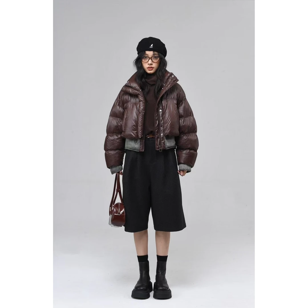 90白鸭绒2024冬季女短款牛仔拼接立领小个子加厚面包服外套A4118