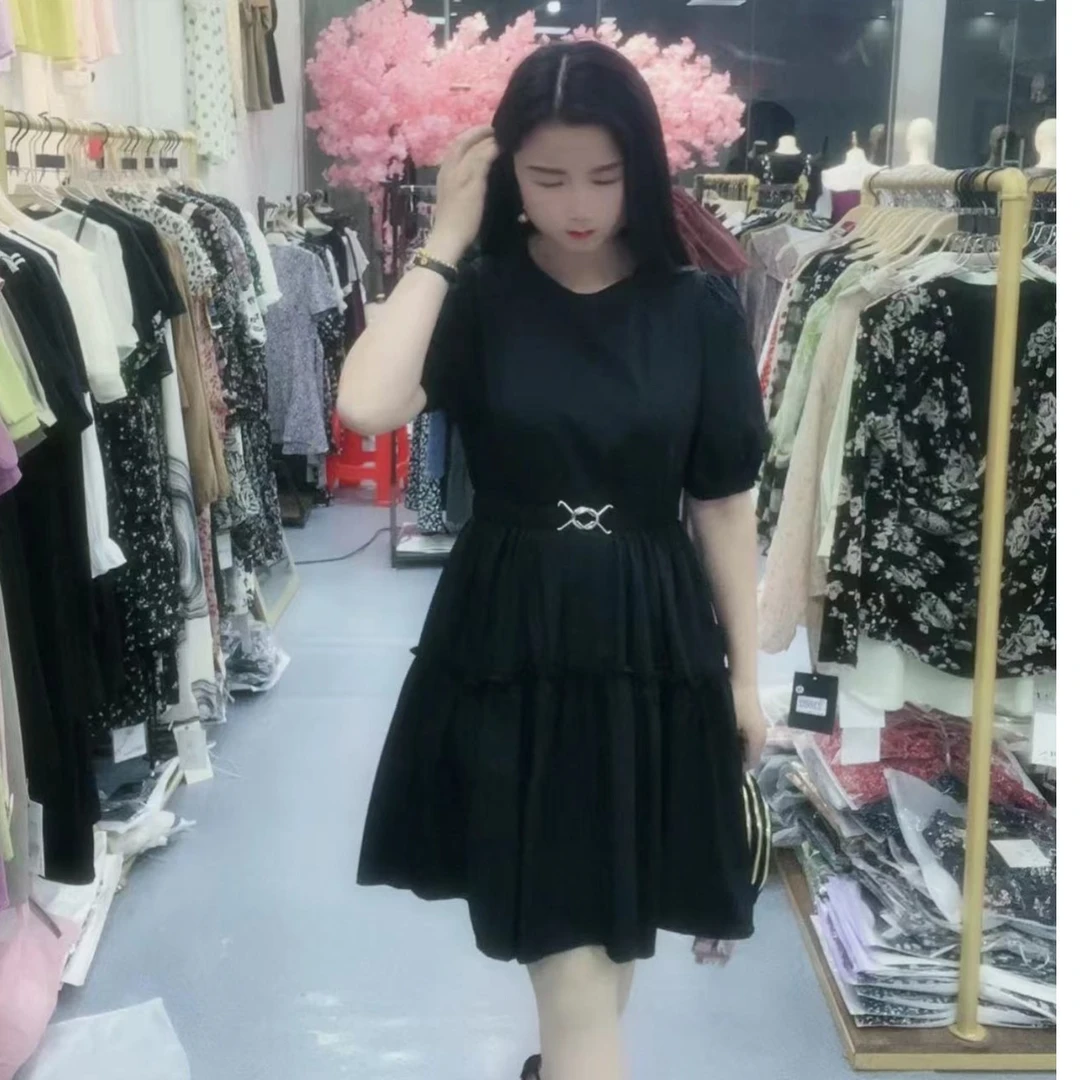 时尚显瘦＋遮粗手臂＋不限肩宽＋遮肚子遮胃＋腰带黑色法式连衣裙休闲