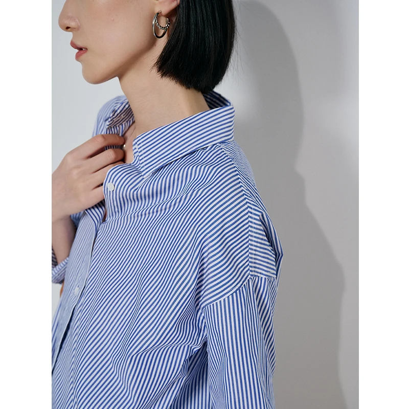 初棉DSP【新品】SS蓝色条纹衬衫女蓝白条纹衬衣女小众衬衫316604028