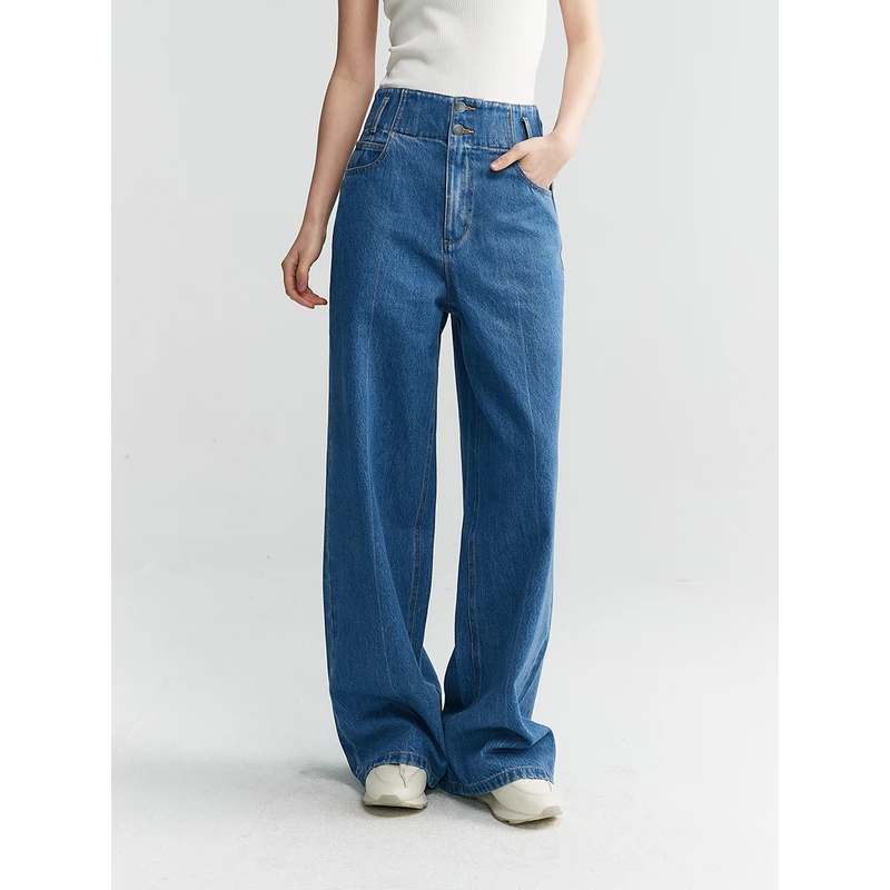 初棉阿娇【辣妹阔腿牛仔裤】正牛仔蓝阔腿裤复古微喇拖地3461419001