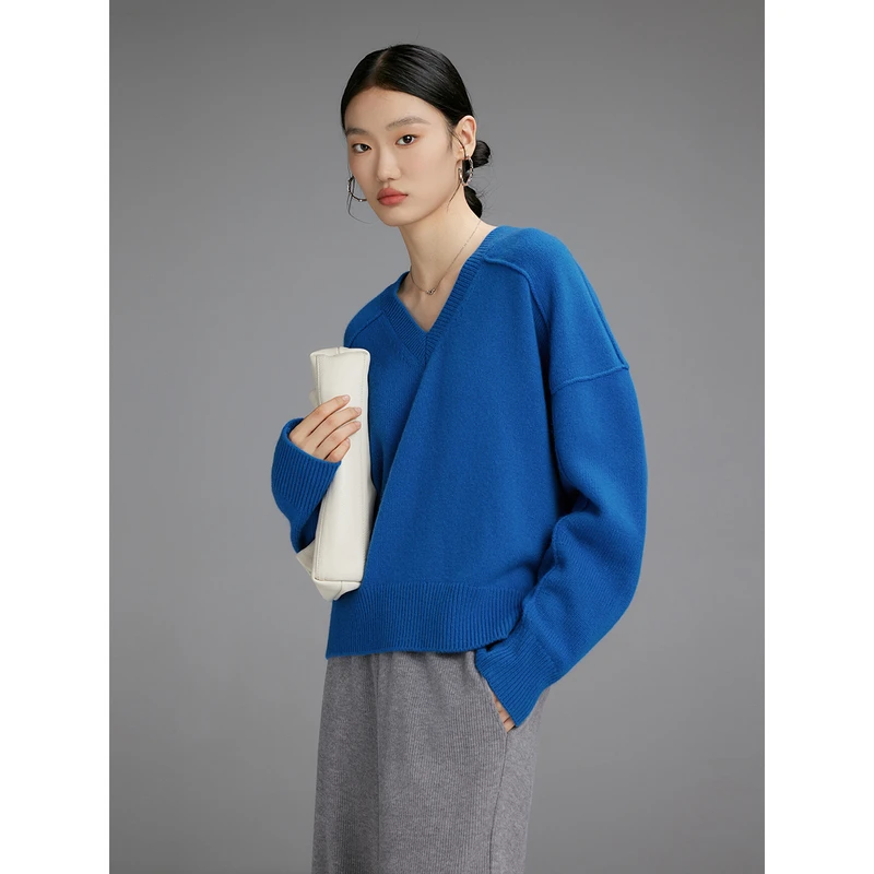初棉阿娇【海岸线】V领锁骨外露针织绵羊毛毛衣设计感宽松346635047