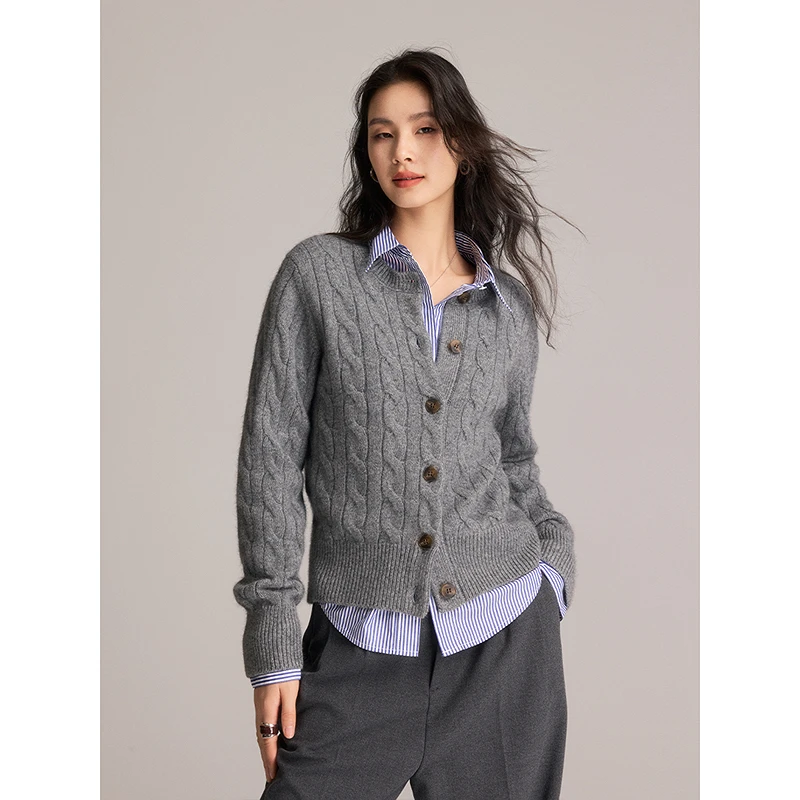 初棉【经典拉夫】绵羊毛兔毛立体绞花开衫秋冬短款宽松357635006