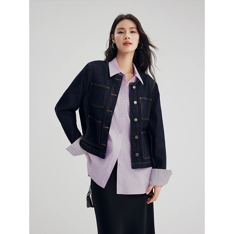 初棉DRDB层次感撞色条纹法式撞色翻边袖口衬衫棉涤356604001