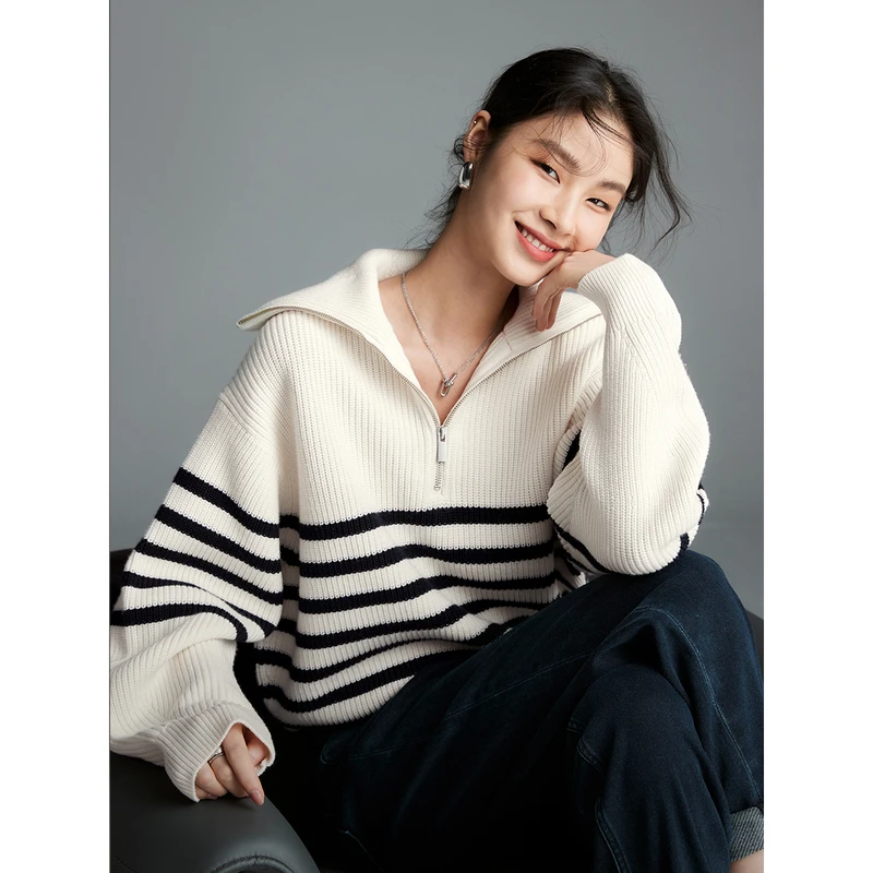 初棉阿娇【拉链海军领毛衣】拉链半开襟重磅条纹翻领羊毛342605027