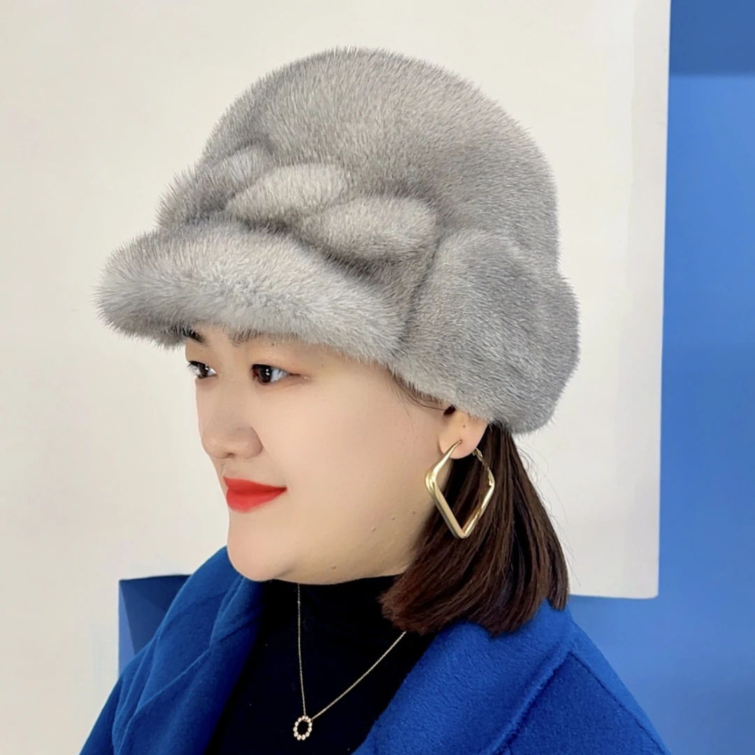 [水貂帽]冬季新款水貂帽子女士整貂皮舒适保暖[银蓝色]
