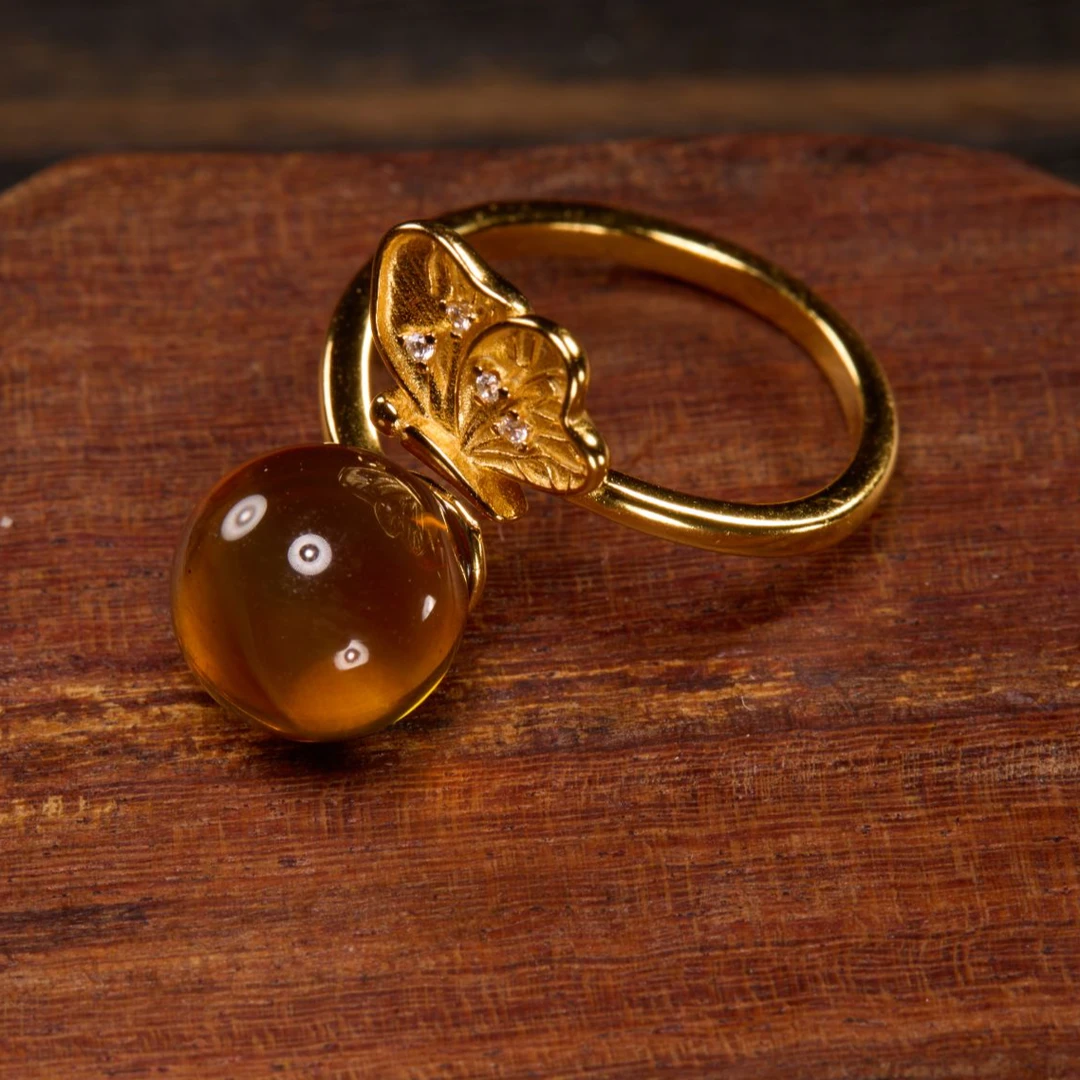 如苑珠宝天然琥珀棕红蝴蝶戒指多样性发货