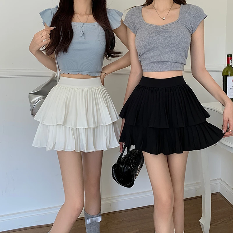 胖mm2023双层百褶裙显瘦蛋糕裙高腰遮肚子A字短裙蓬蓬裙