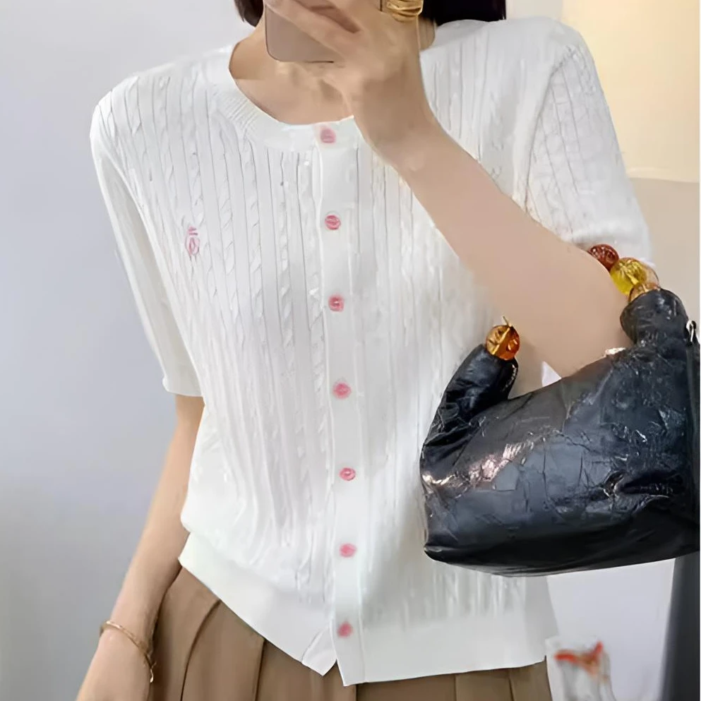 高品质秋款薄款麻花圆领彩色针织开衫刺绣百搭显瘦女上衣