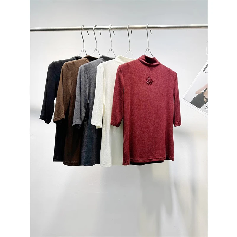 气质款~玫瑰花天丝羊毛弹力打底衫时髦洋气中袖柔软亲肤t恤上衣女