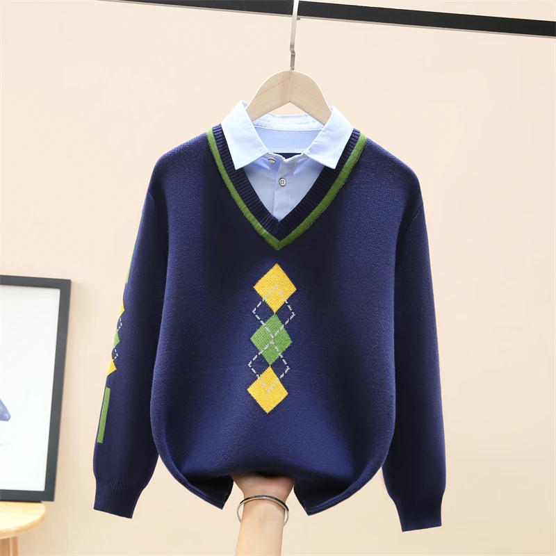 潮男童假两件毛衣秋冬款儿童加绒打底衫大童冬季加厚针织衫衬衫领