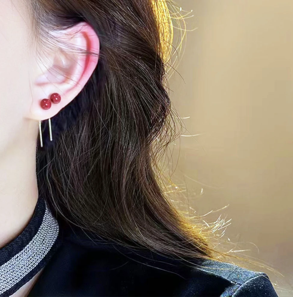 铜合金耳饰 安可拉红色相思豆耳线高级感S925银针简约轻奢气质