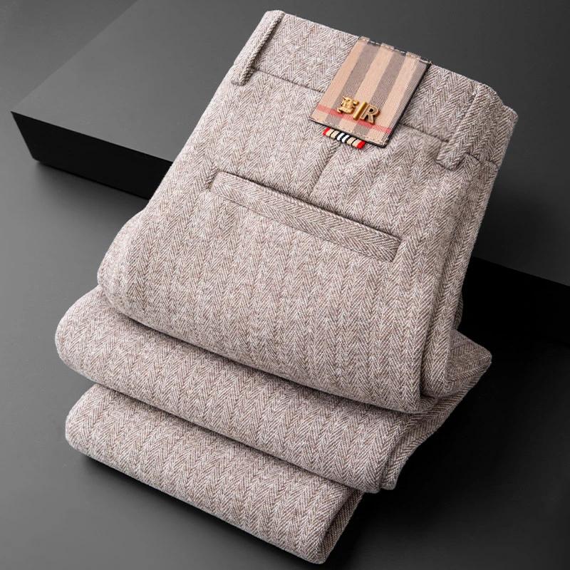 高档羊毛加绒保暖休闲裤男士卡其色小直筒修身秋冬季磨毛商务西裤