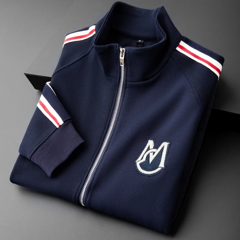 轻奢秋冬厚款高端肌理华夫格子外套男立领时尚织带牙刷绣休闲夹克