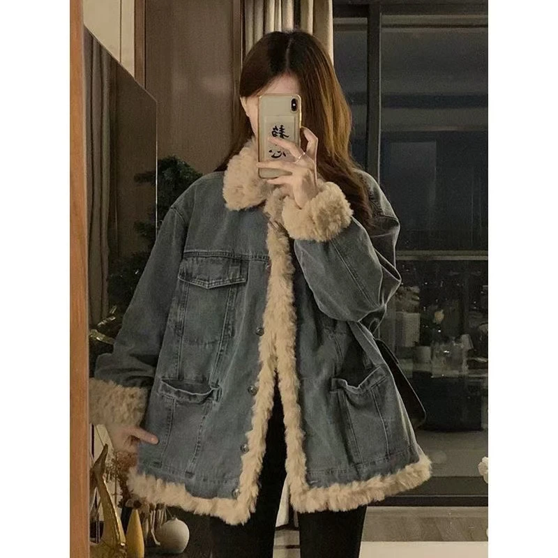 咩咩毛牛仔外套女2024冬季新款加厚棉服bf风帽子休闲派克服