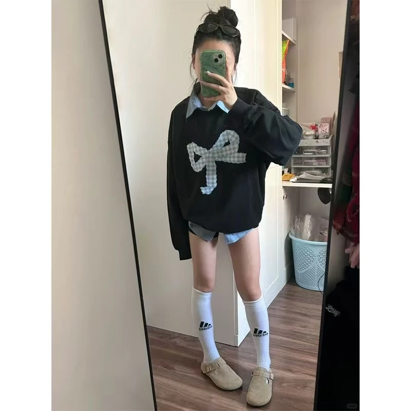 X05美式复古蝴蝶结印花宽松圆领卫衣女2024秋冬学院风休闲上衣